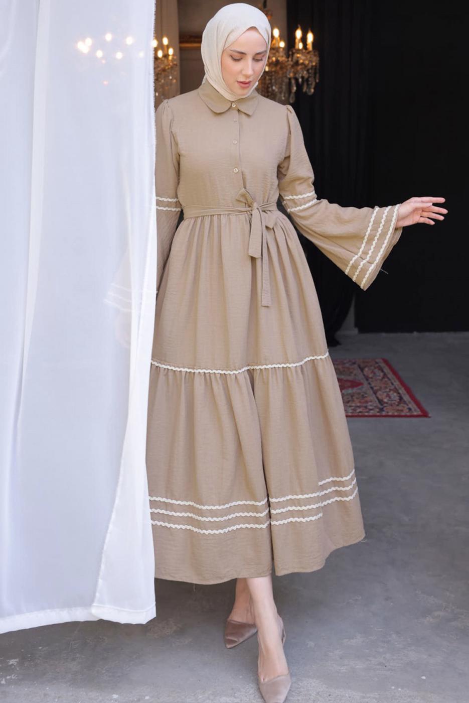 Tesettür giyim VİZON KUŞAKLI PAMUKLU ELBİSE T 5302
