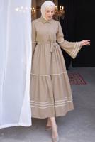 Tesettür giyim VİZON KUŞAKLI PAMUKLU ELBİSE T 5302