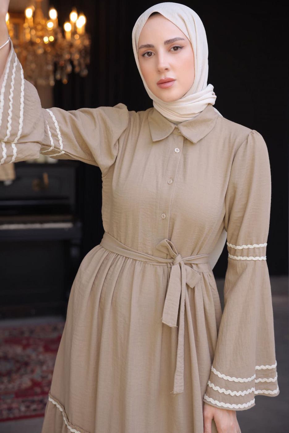 Tesettür giyim VİZON KUŞAKLI PAMUKLU ELBİSE T 5302