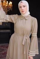 Tesettür giyim VİZON KUŞAKLI PAMUKLU ELBİSE T 5302