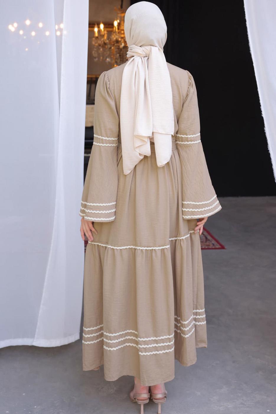 Tesettür giyim VİZON KUŞAKLI PAMUKLU ELBİSE T 5302