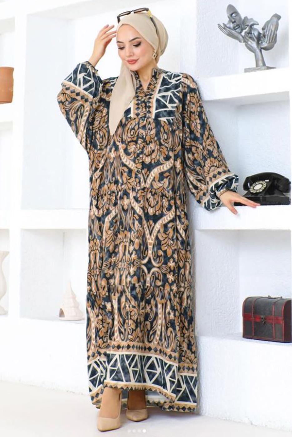 Tesettür giyim LACİVERT DESENLİ VİSKON TESETTÜR ELBİSE T 5318