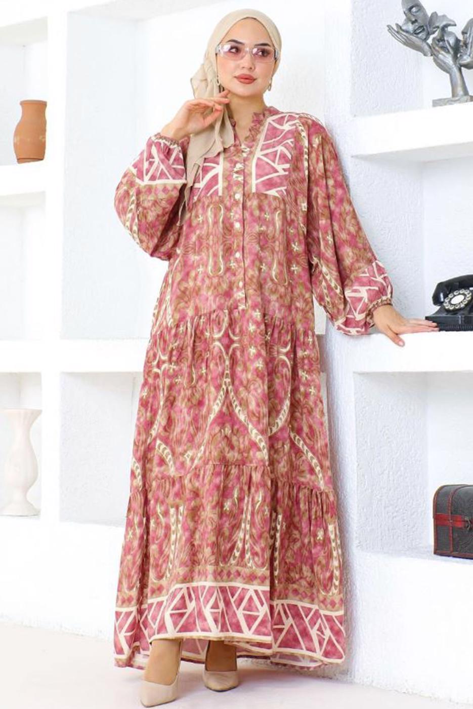 Tesettür giyim PUDRA DESENLİ VİSKON TESETTÜR ELBİSE T 5318