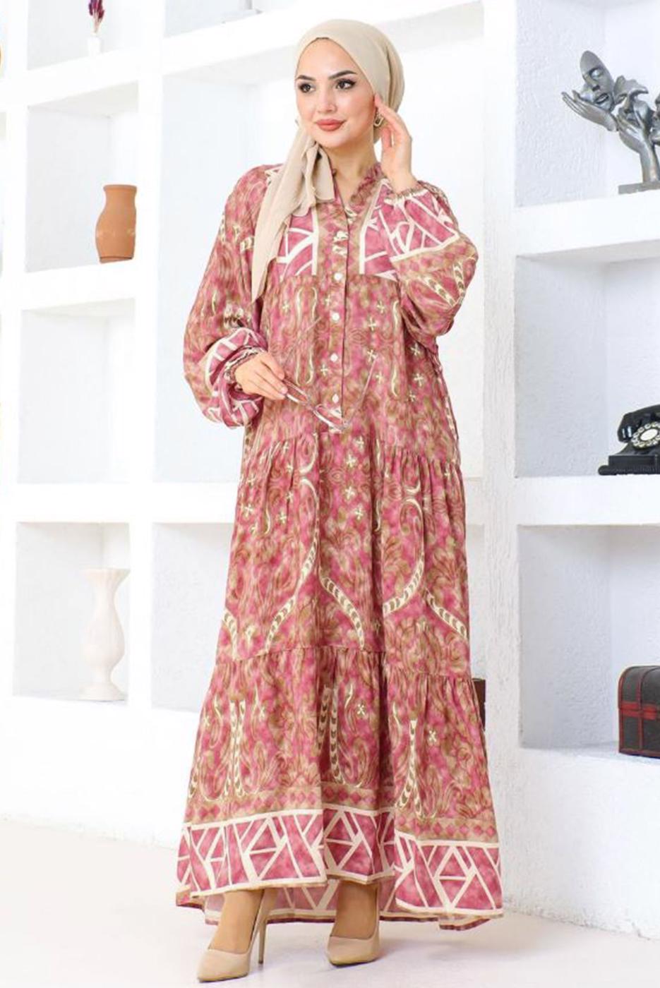Tesettür giyim PUDRA DESENLİ VİSKON TESETTÜR ELBİSE T 5318