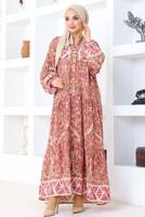 Tesettür giyim PUDRA DESENLİ VİSKON TESETTÜR ELBİSE T 5318