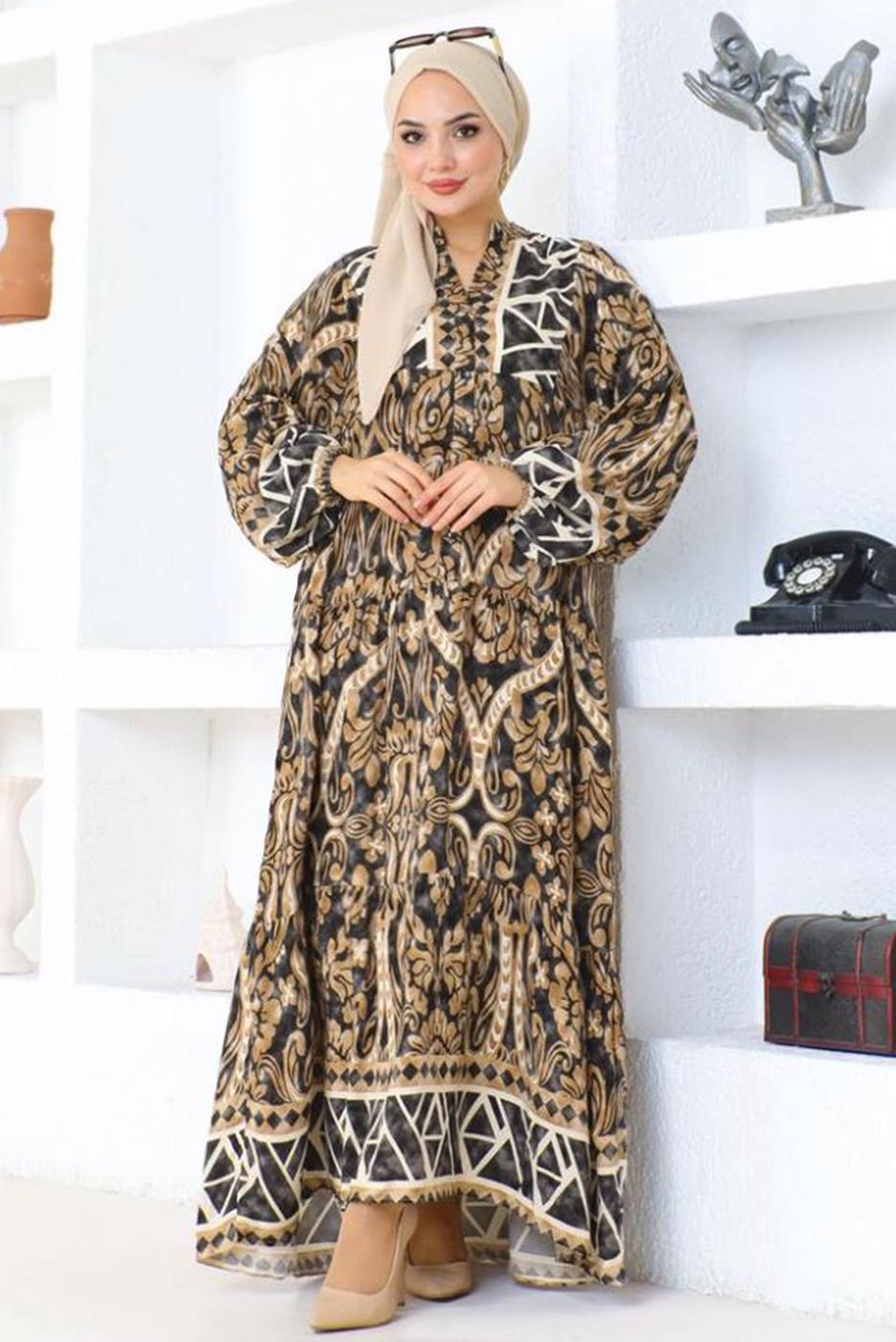 Tesettür giyim ANTRASİT  DESENLİ VİSKON TESETTÜR ELBİSE T 5318