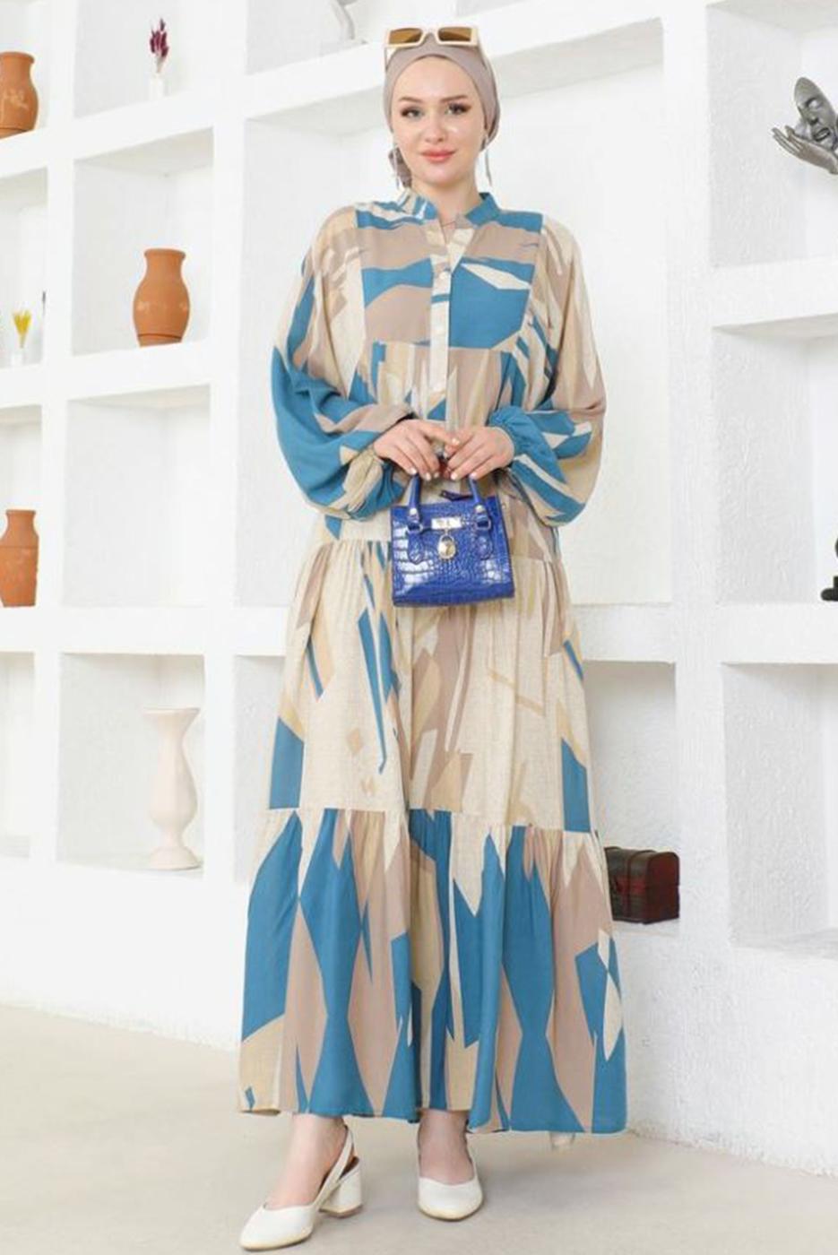 Tesettür giyim MAVİ VİSKON TESETTÜR ELBİSE T 5348