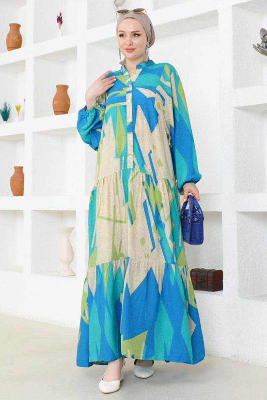 Tesettür giyim MAVİ VİSKON TESETTÜR ELBİSE T 5348