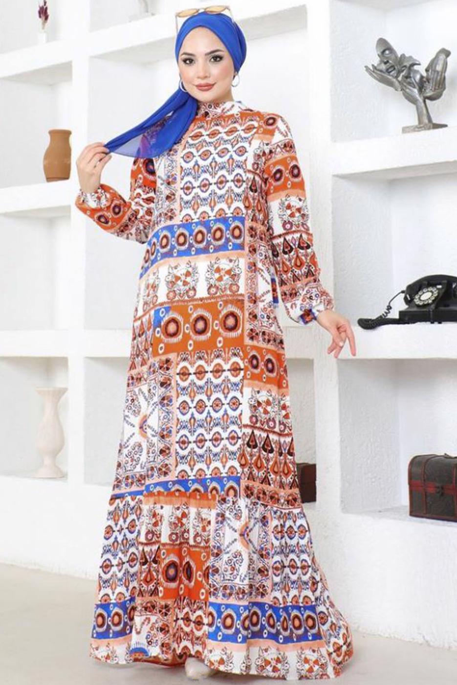 Tesettür giyim TURUNCU DESENLİ VİSKON TESETTÜR ELBİSE T 5361