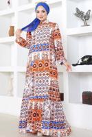 Tesettür giyim TURUNCU DESENLİ VİSKON TESETTÜR ELBİSE T 5361