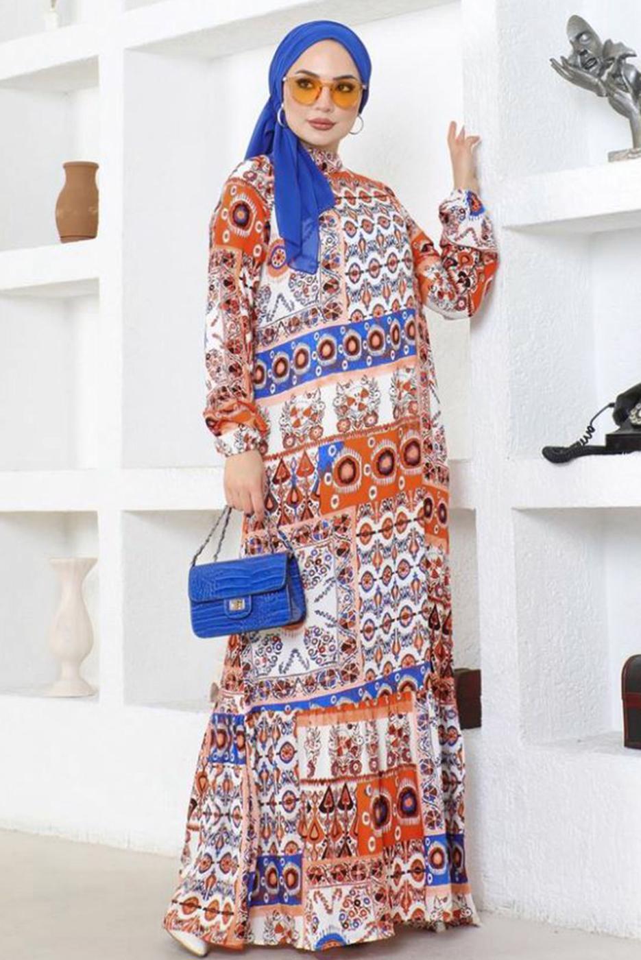 Tesettür giyim TURUNCU DESENLİ VİSKON TESETTÜR ELBİSE T 5361