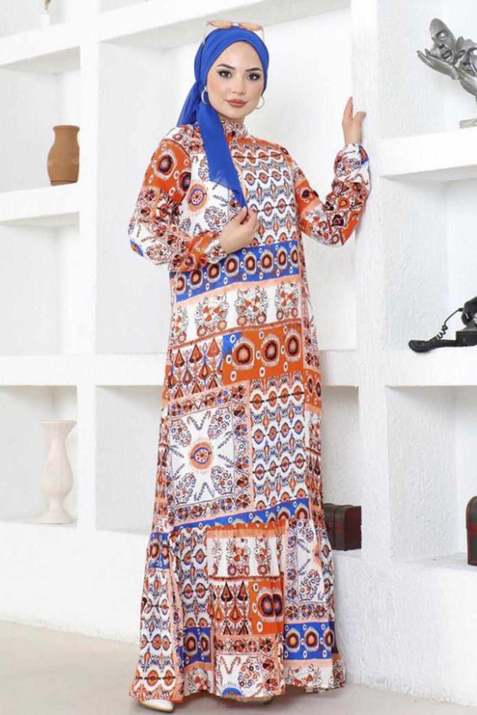 Tesettür giyim TURUNCU DESENLİ VİSKON TESETTÜR ELBİSE T 5361