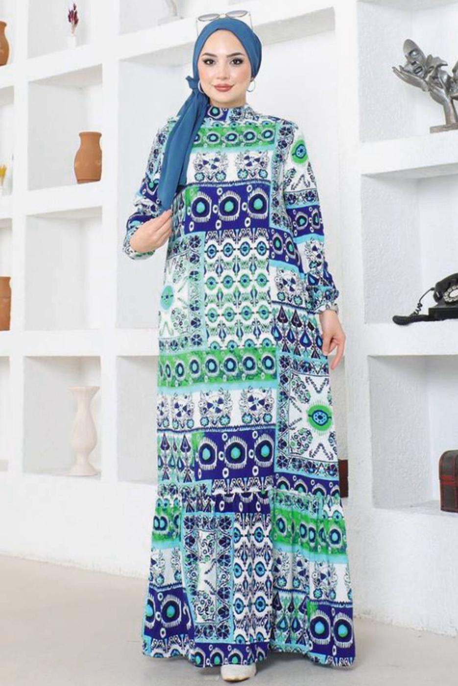 Tesettür giyim LACİVERT DESENLİ VİSKON TESETTÜR ELBİSE T 5361