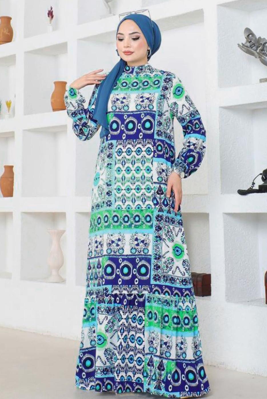 Tesettür giyim LACİVERT DESENLİ VİSKON TESETTÜR ELBİSE T 5361