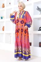 Tesettür giyim TURUNCU DESENLİ VİSKON TESETTÜR ELBİSE T 5418