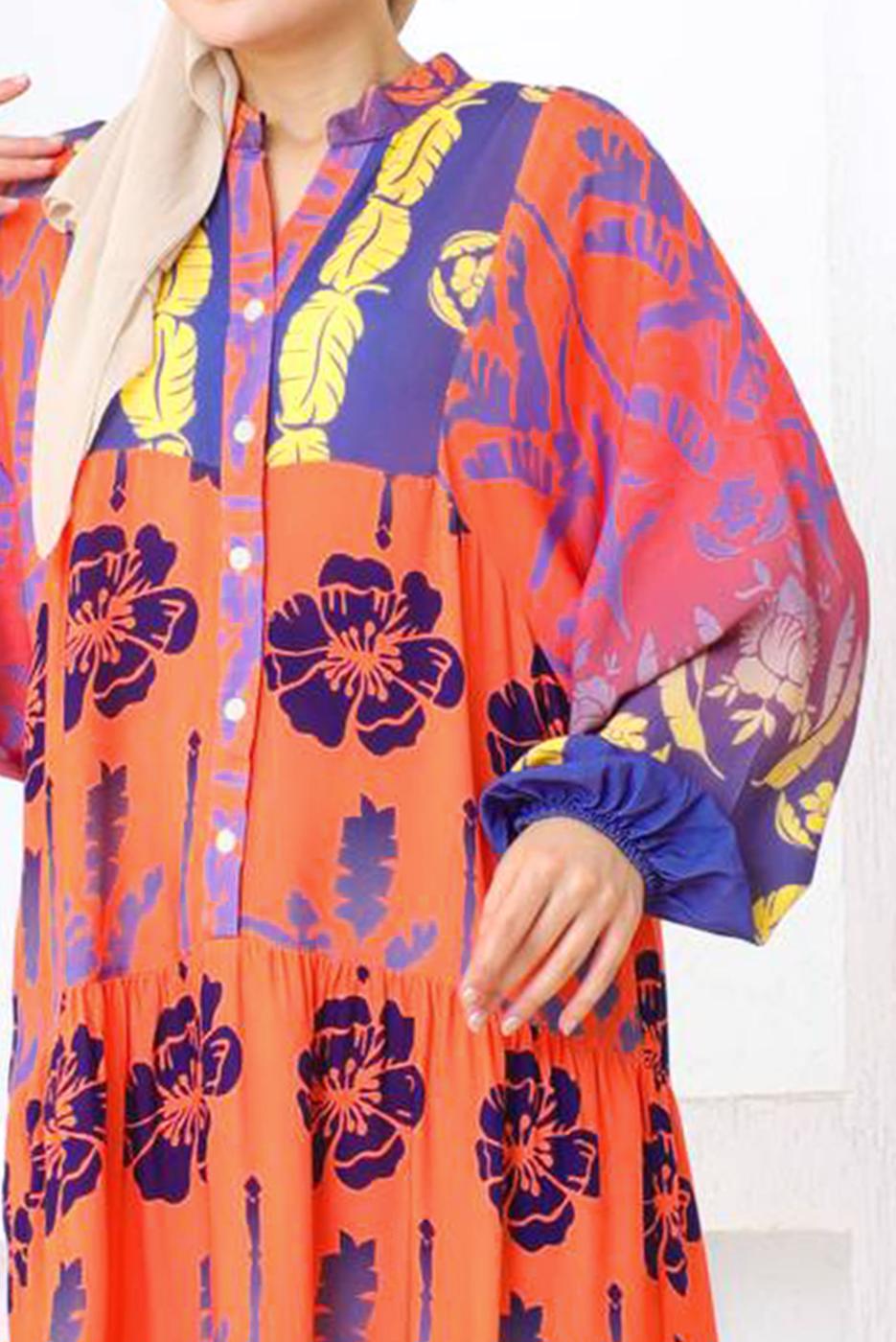 Tesettür giyim TURUNCU DESENLİ VİSKON TESETTÜR ELBİSE T 5418