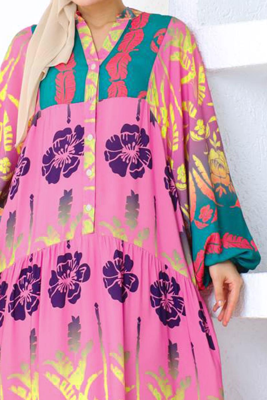 Tesettür giyim FUŞYA DESENLİ VİSKON TESETTÜR ELBİSE T 5418