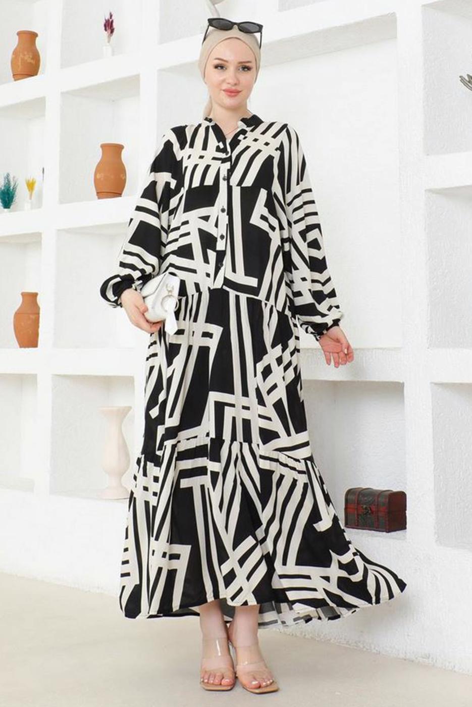 Tesettür giyim SİYAH DESENLİ TESETTÜR ELBİSE T 5420