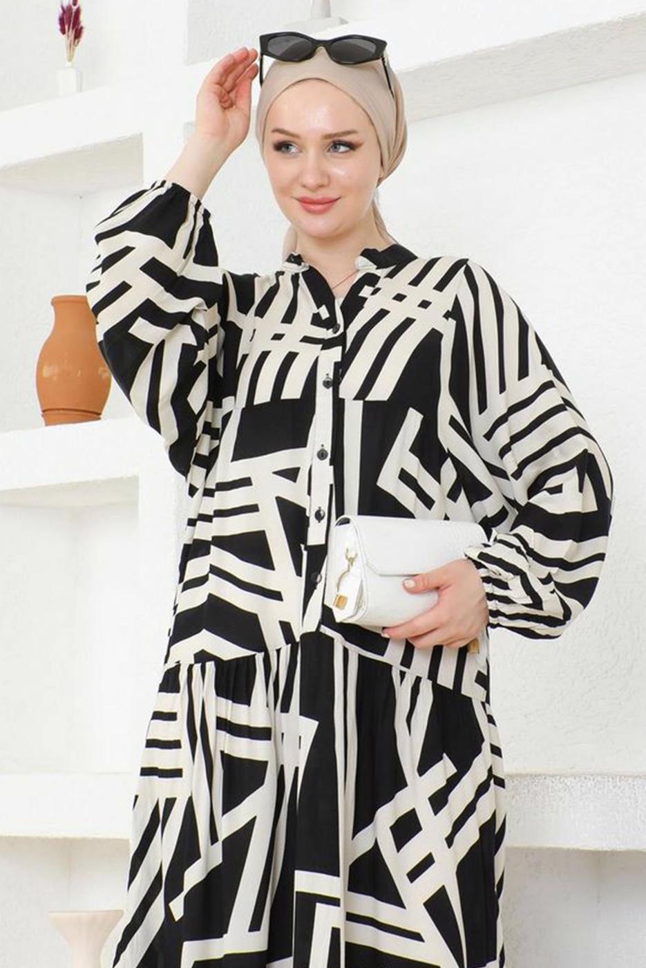 Tesettür giyim SİYAH DESENLİ TESETTÜR ELBİSE T 5420