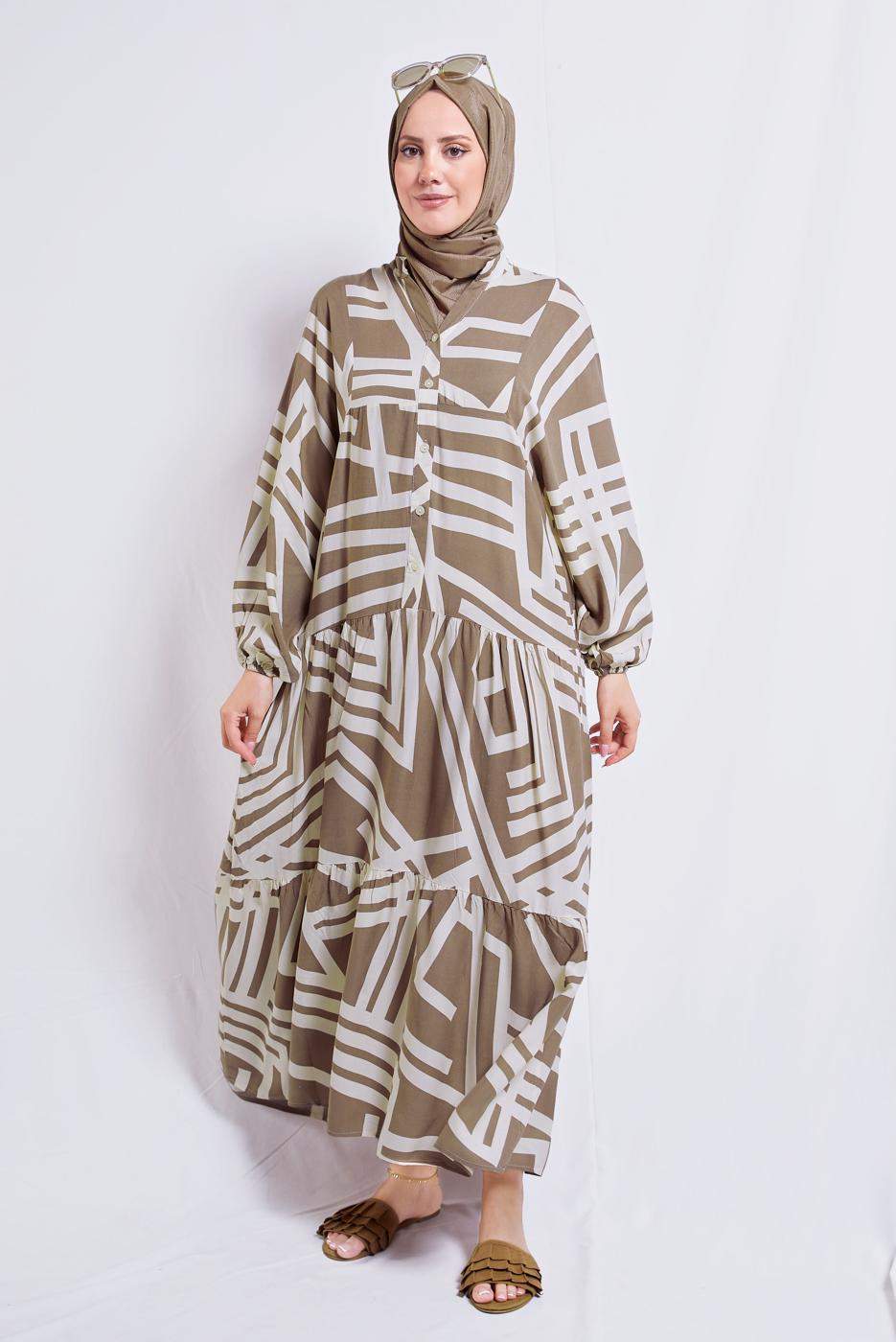 Tesettür giyim VİZON DESENLİ TESETTÜR ELBİSE T 5420