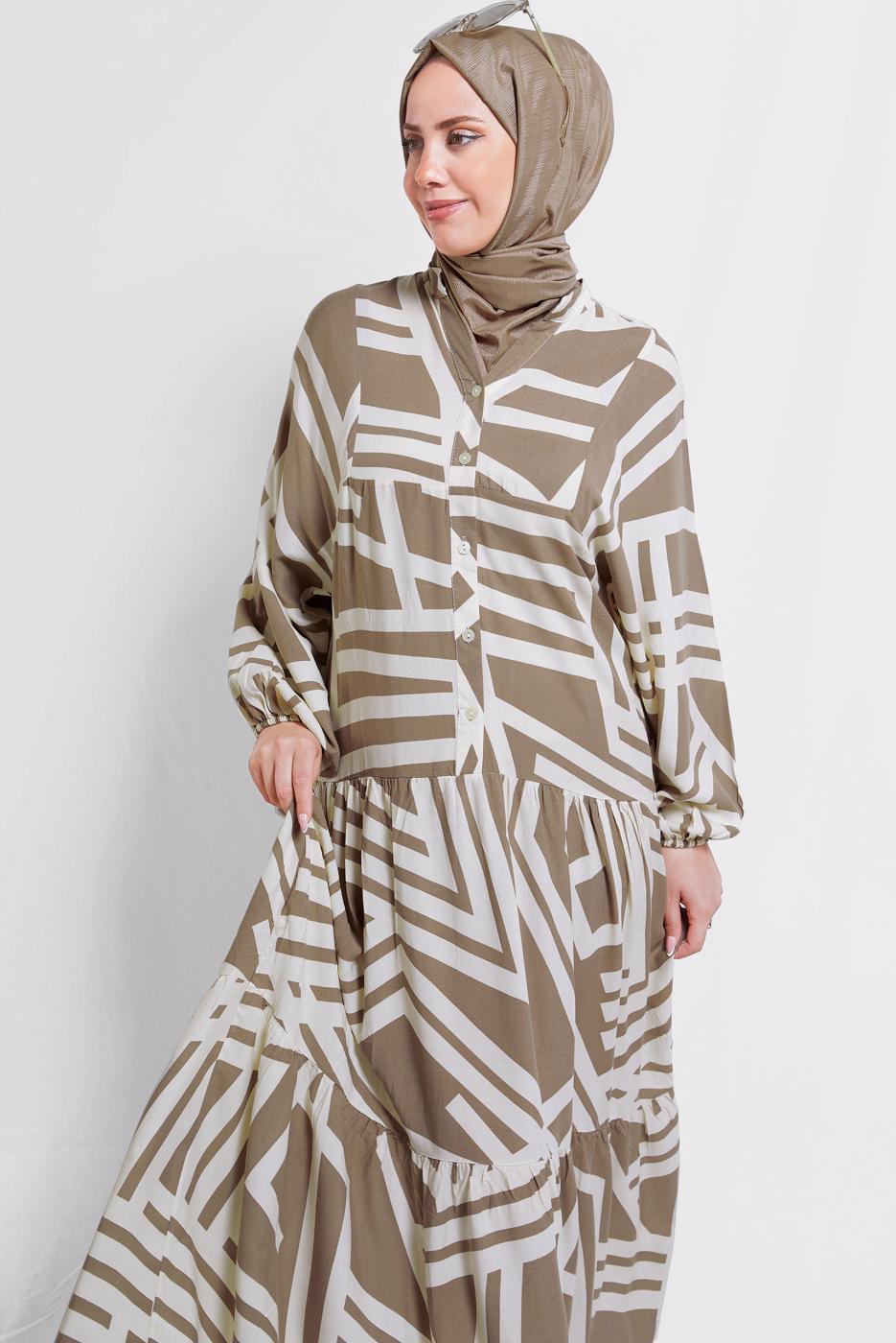 Tesettür giyim VİZON DESENLİ TESETTÜR ELBİSE T 5420