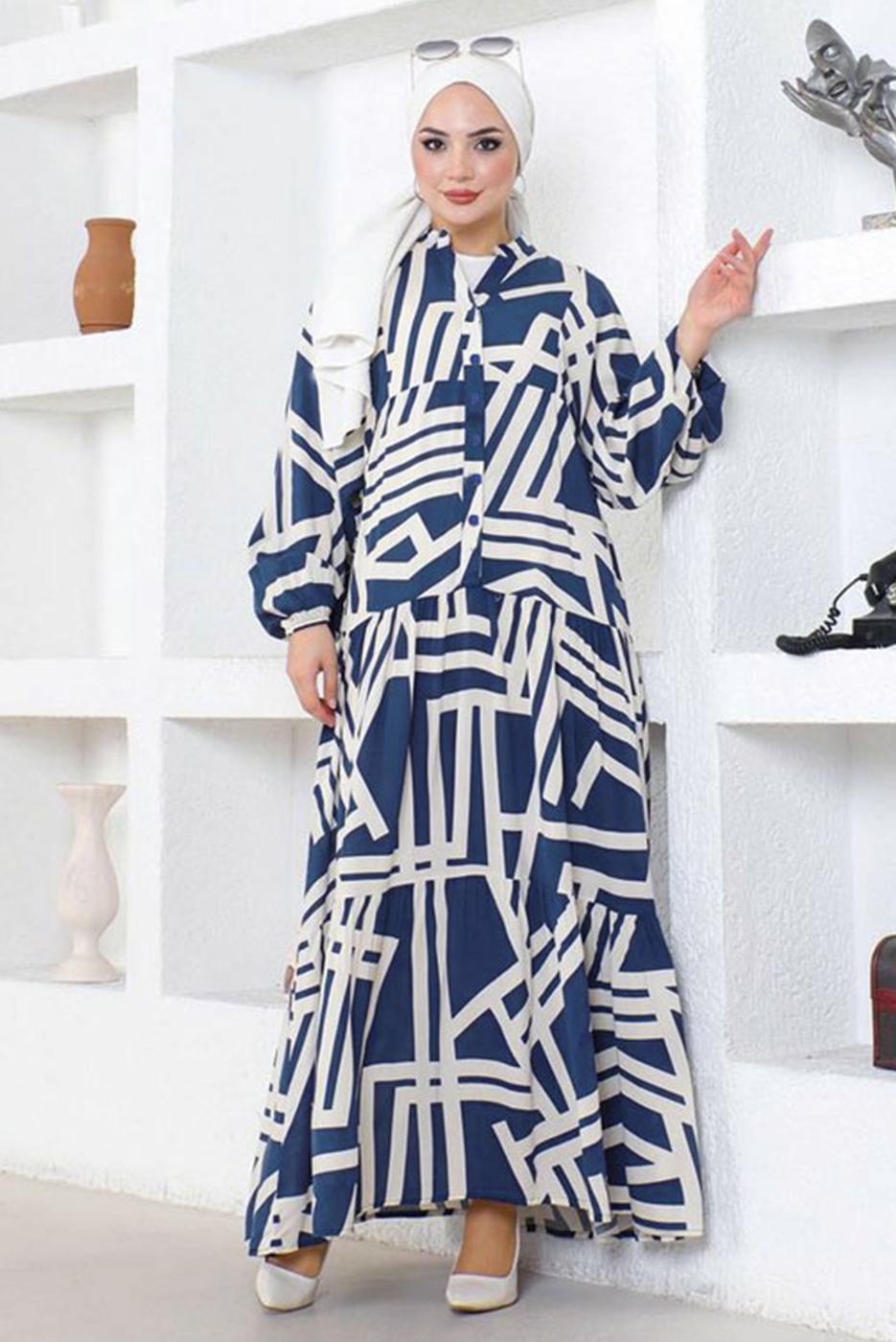 Tesettür giyim LACİVERT DESENLİ TESETTÜR ELBİSE T 5420