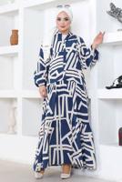 Tesettür giyim LACİVERT DESENLİ TESETTÜR ELBİSE T 5420