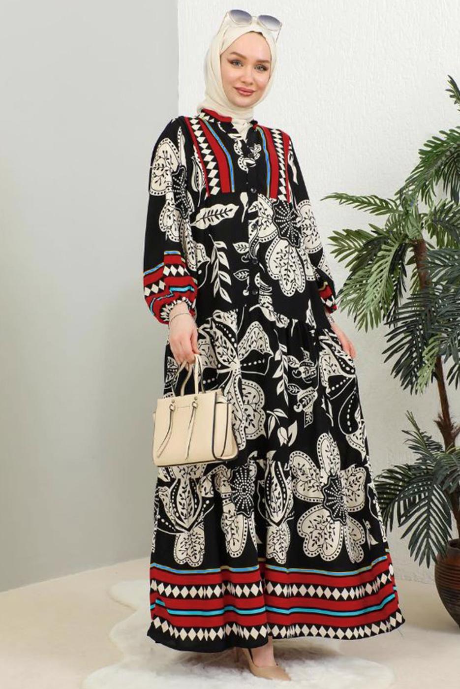 Tesettür giyim SİYAH DESENLİ VİSKON TESETTÜR ELBİSE T 5435