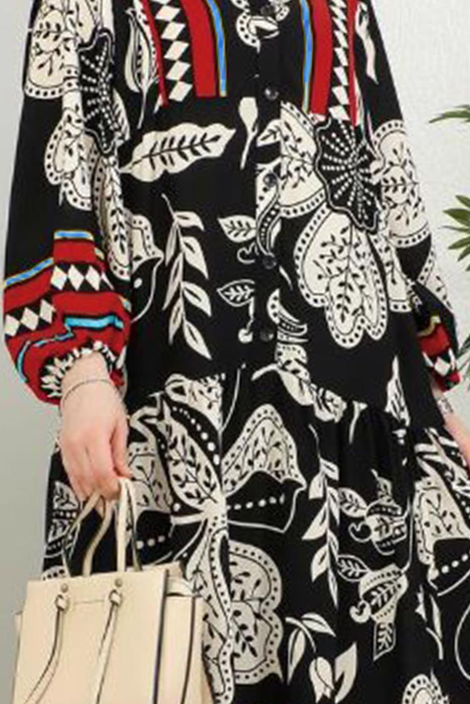 Tesettür giyim SİYAH DESENLİ VİSKON TESETTÜR ELBİSE T 5435