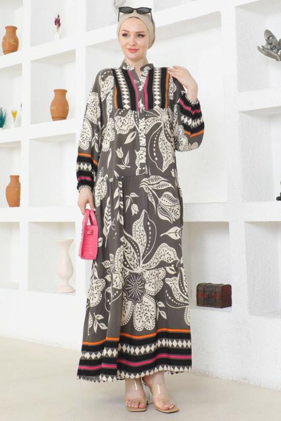 Tesettür giyim GRİ DESENLİ VİSKON TESETTÜR ELBİSE T 5435