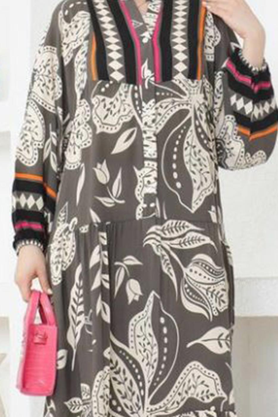 Tesettür giyim GRİ DESENLİ VİSKON TESETTÜR ELBİSE T 5435