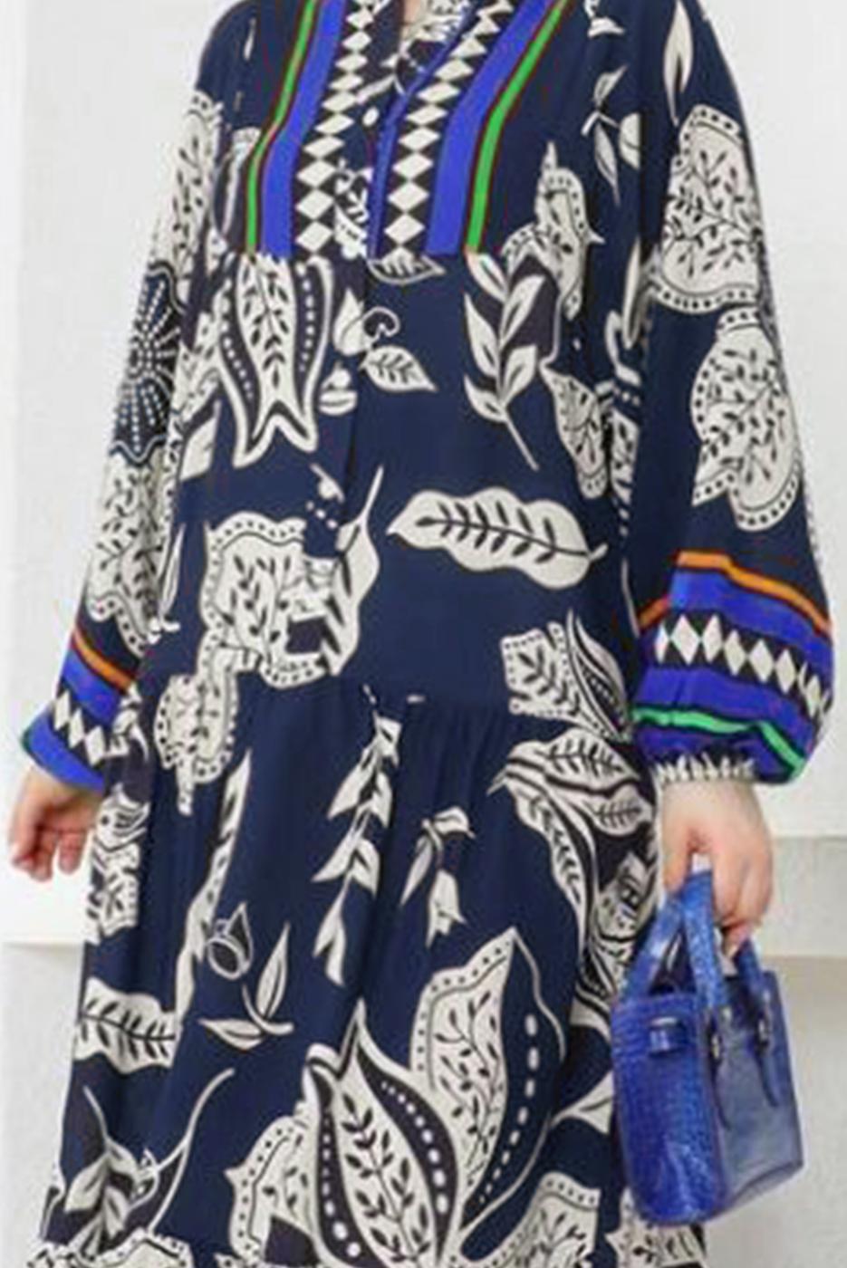 Tesettür giyim LACİVERT DESENLİ VİSKON TESETTÜR ELBİSE T 5435