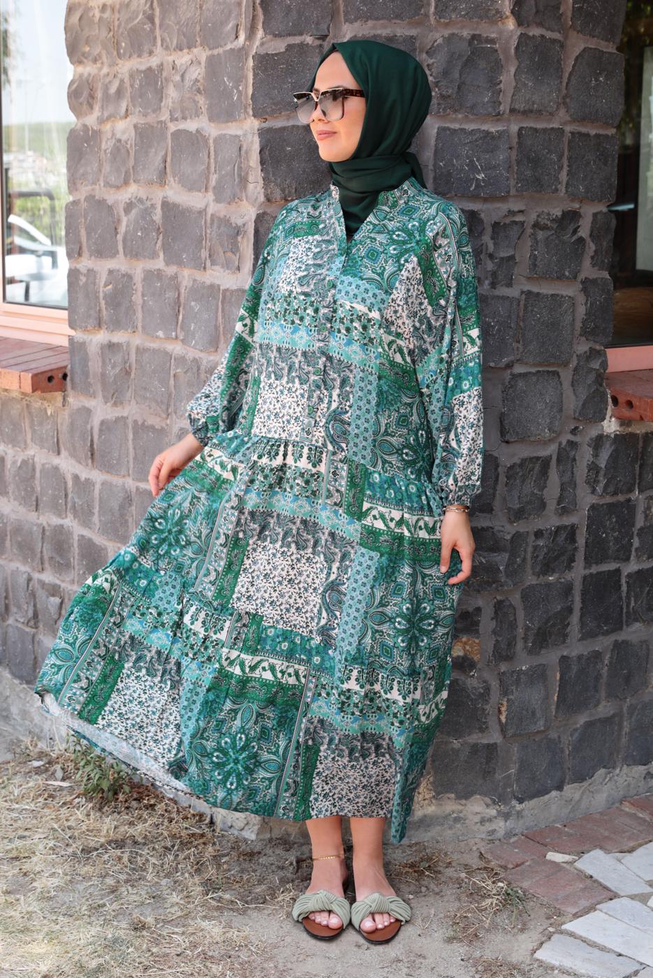 Tesettür giyim MAVİ DESENLİ VİSKON TESETTÜR ELBİSE T 5456