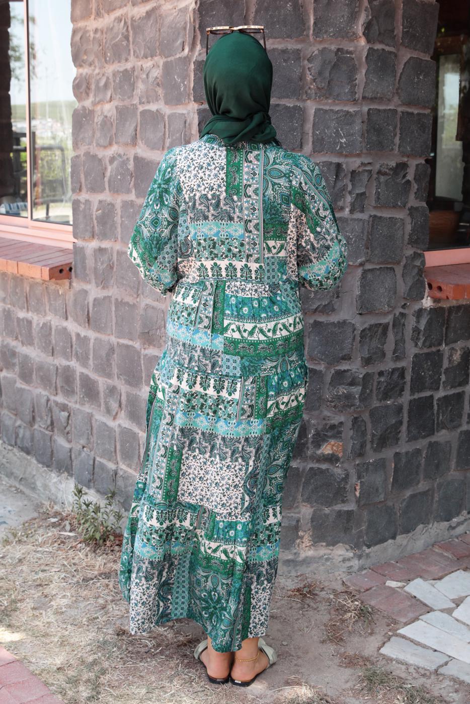 Tesettür giyim MAVİ DESENLİ VİSKON TESETTÜR ELBİSE T 5456