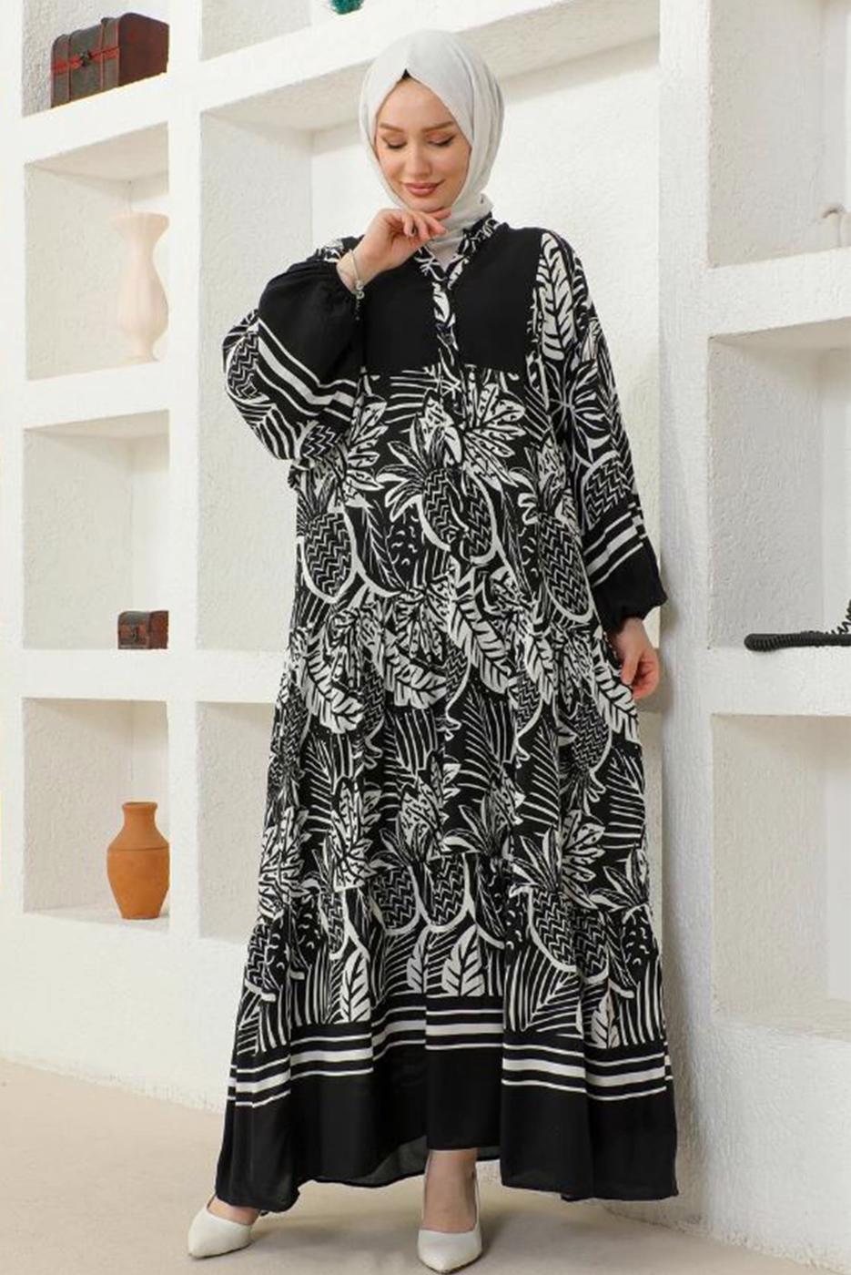 Tesettür giyim SİYAH DESENLİ VİSKON TESETTÜR ELBİSE T 5471