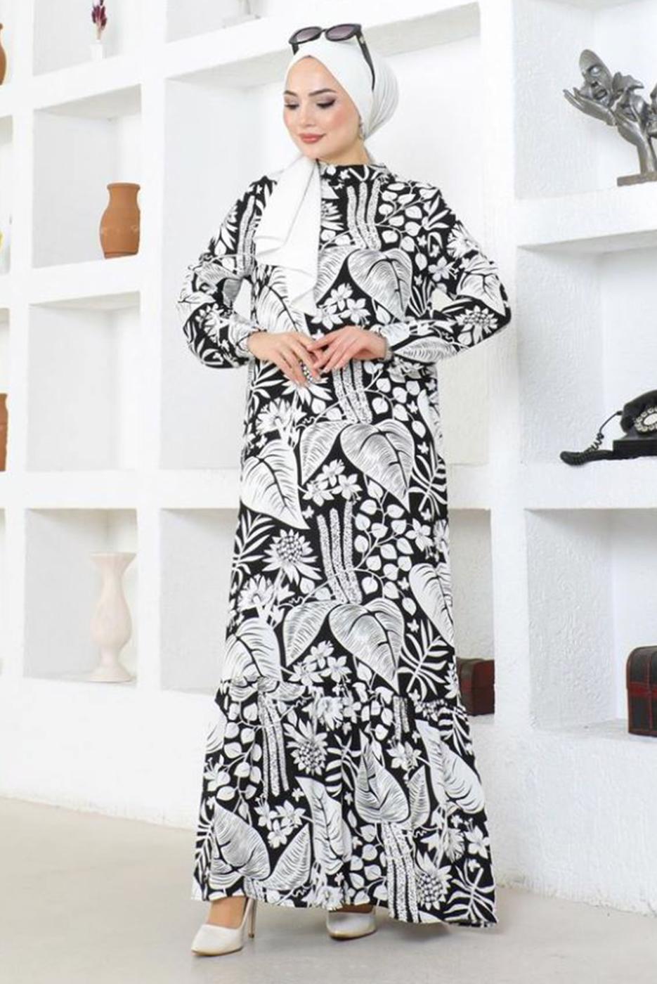 Tesettür giyim SİYAH DESENLİ VİSKON TESETTÜR ELBİSE T 5499