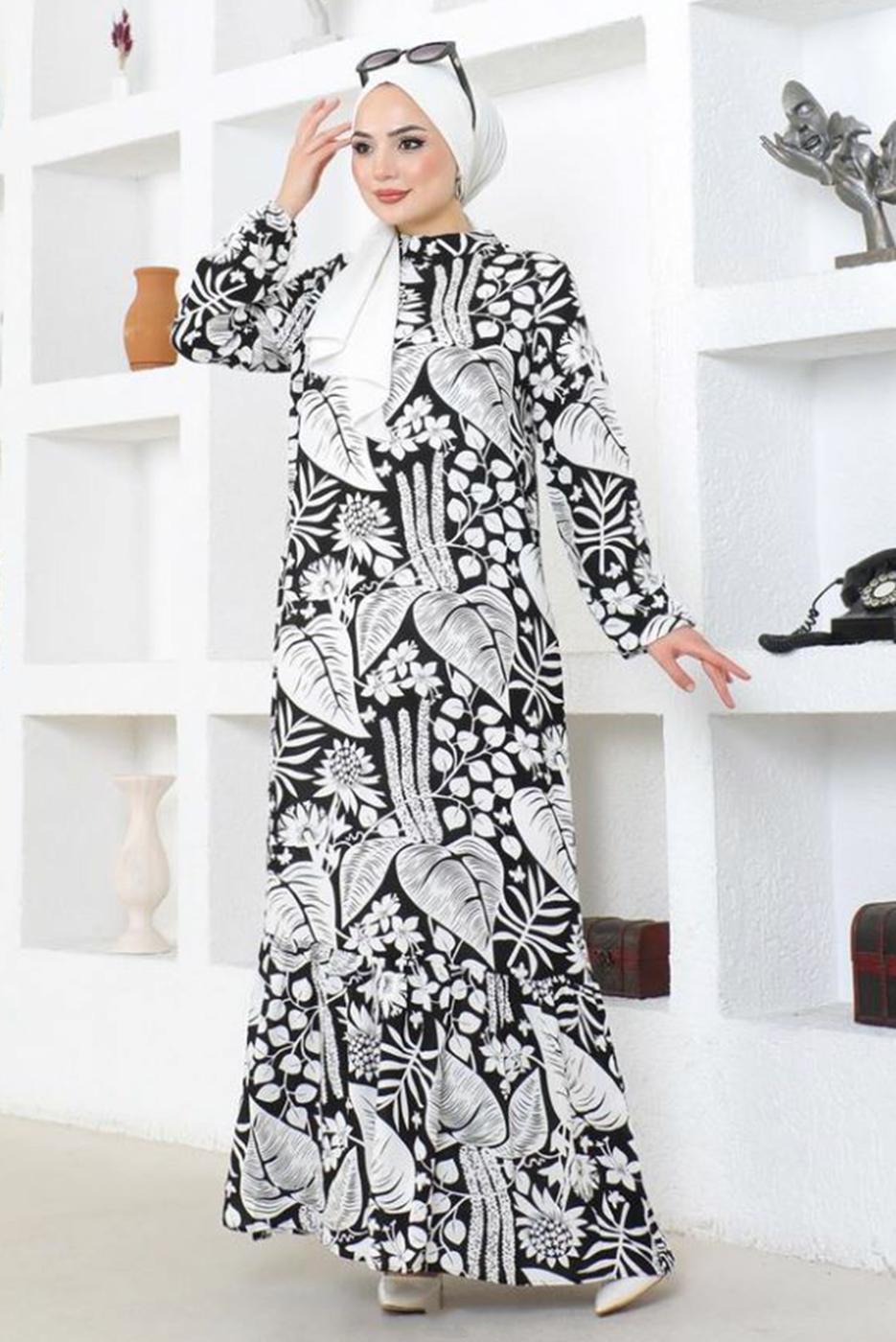 Tesettür giyim SİYAH DESENLİ VİSKON TESETTÜR ELBİSE T 5499