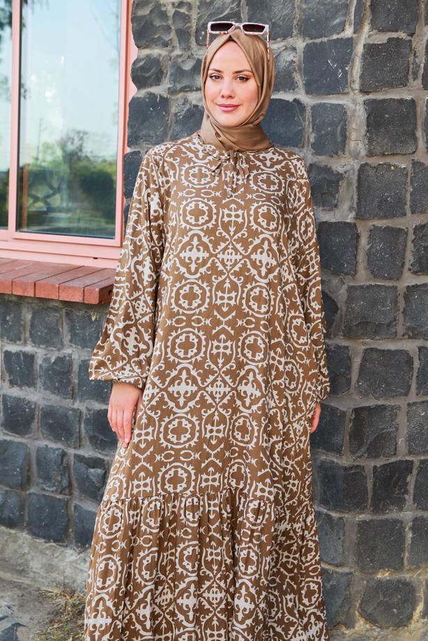 Vêtements hijab BRUN ROBE GRANDE TAILLE À MOTIFS T 5531 - TRENDTESETTÜR