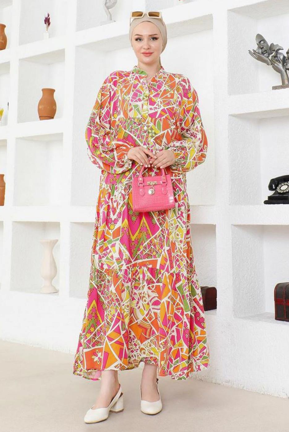 Tesettür giyim FUŞYA DESENLİ VİSKON TESETTÜR ELBİSE T 5776