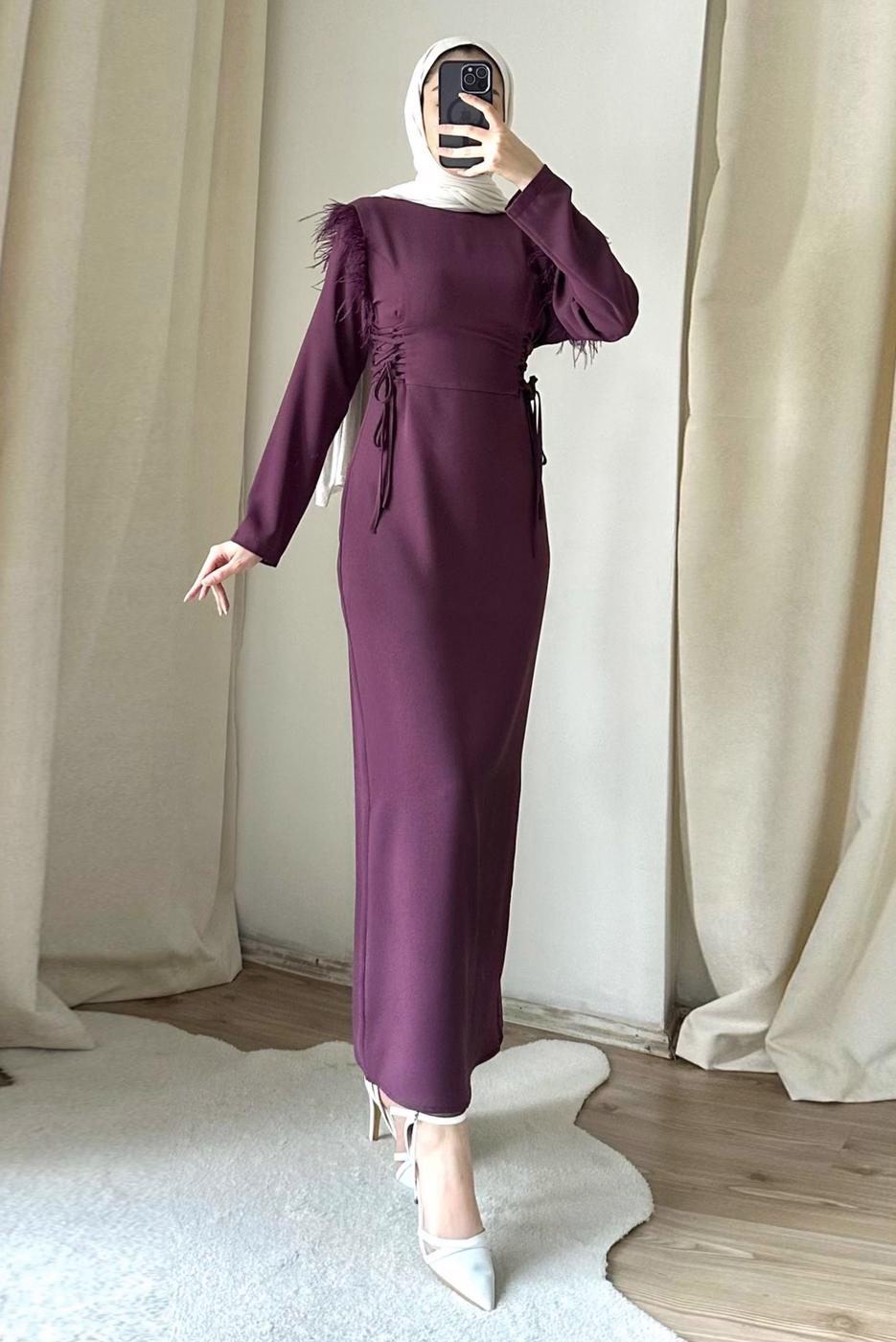Tesettür giyim MOR TÜY DETAYLI ELBİSE T 5795