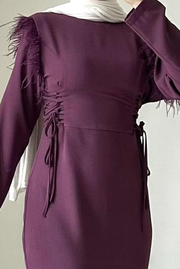 Tesettür giyim MOR TÜY DETAYLI ELBİSE T 5795 - TRENDTESETTÜR