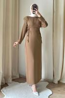 Tesettür giyim KAHVE TÜY DETAYLI ELBİSE T 5795