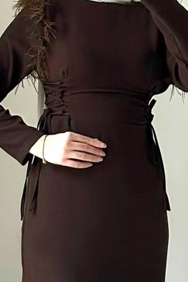 Tesettür giyim KAHVE TÜY DETAYLI ELBİSE T 5795 - TRENDTESETTÜR