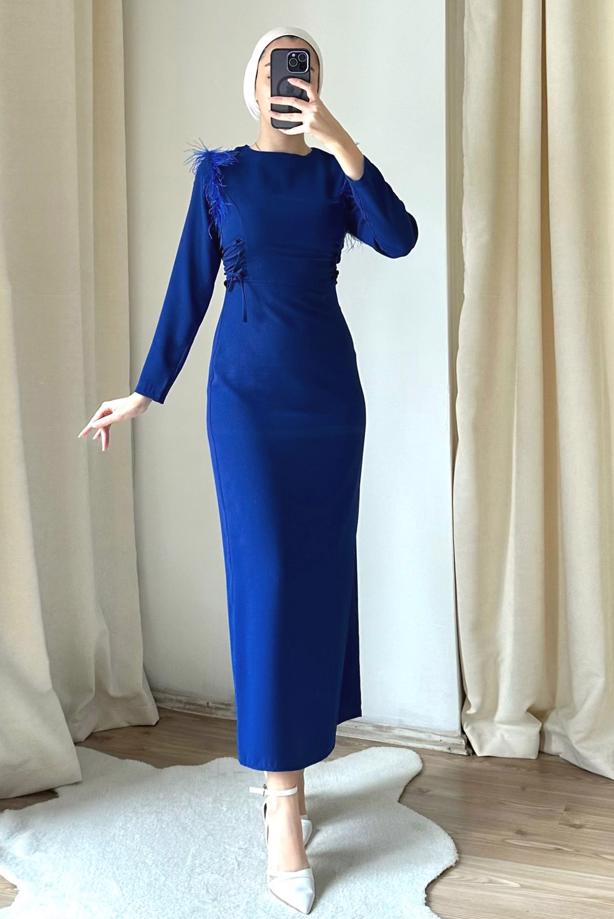 Tesettür giyim LACİVERT TÜY DETAYLI ELBİSE T 5795 - TRENDTESETTÜR