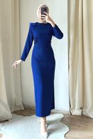 Tesettür giyim LACİVERT TÜY DETAYLI ELBİSE T 5795