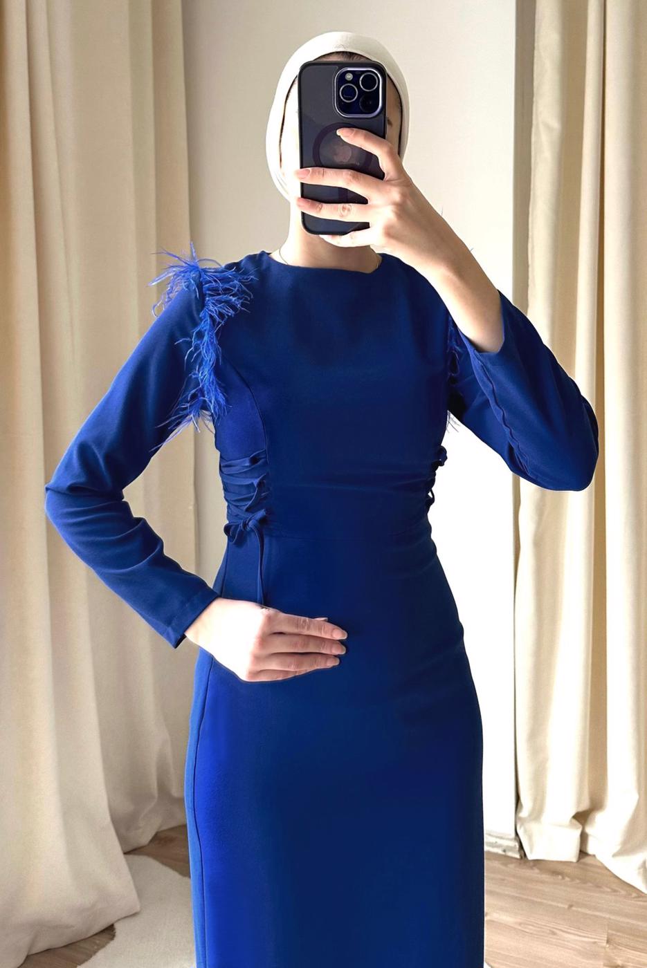 Tesettür giyim LACİVERT TÜY DETAYLI ELBİSE T 5795