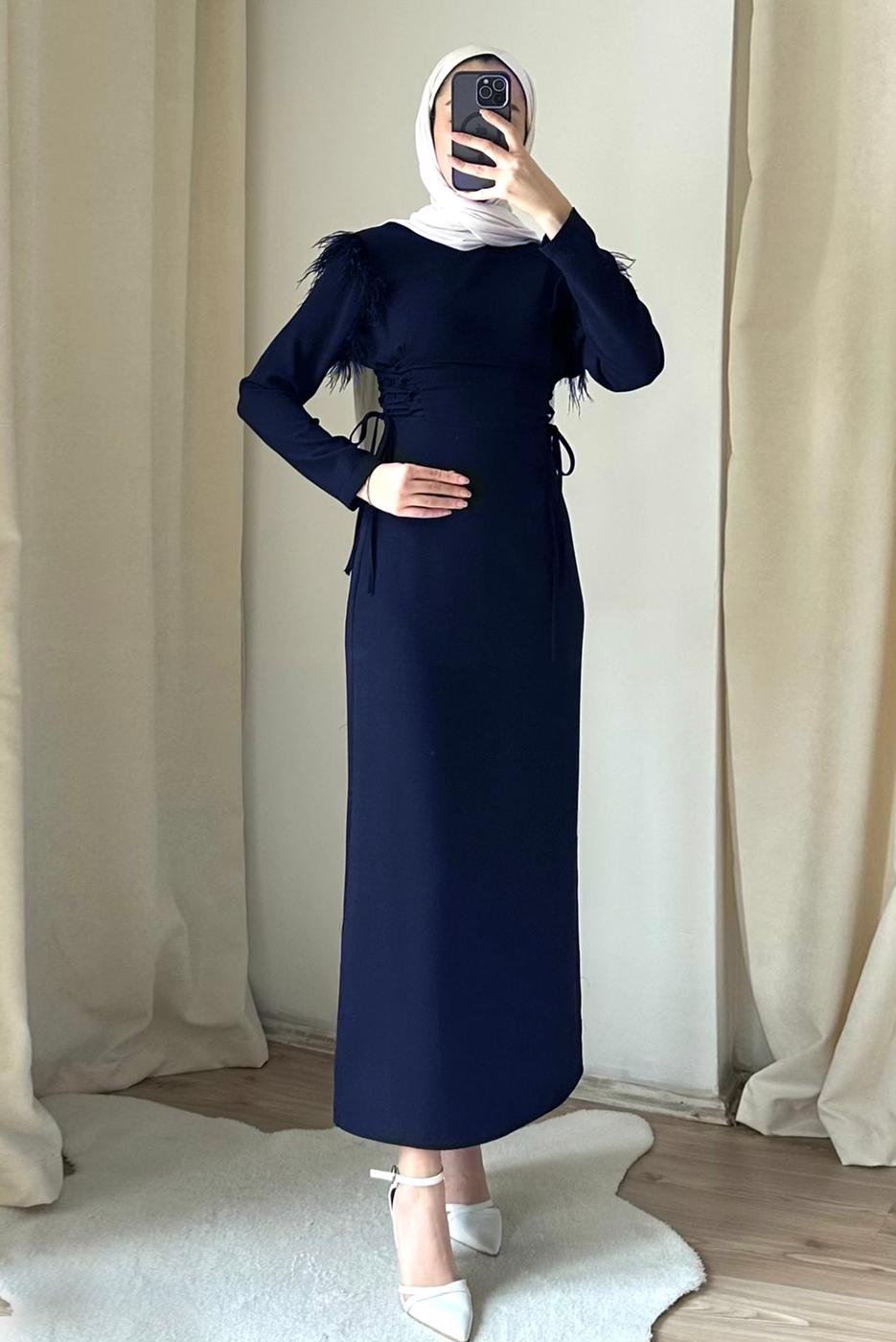 Tesettür giyim LACİVERT TÜY DETAYLI ELBİSE T 5795