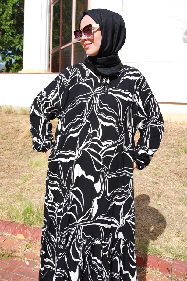 Vêtements hijab NOIR ROBE GRANDE TAILLE À MOTIFS T 5871 - TRENDTESETTÜR