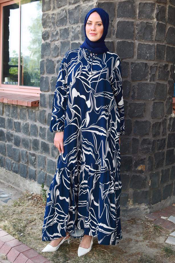 Vêtements hijab BLEU MARINE ROBE GRANDE TAILLE À MOTIFS T 5871 - TRENDTESETTÜR