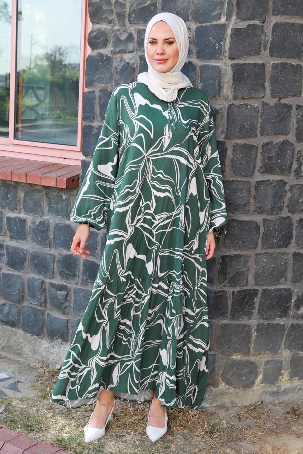 Vêtements hijab VERT ROBE GRANDE TAILLE À MOTIFS T 5871 - TRENDTESETTÜR